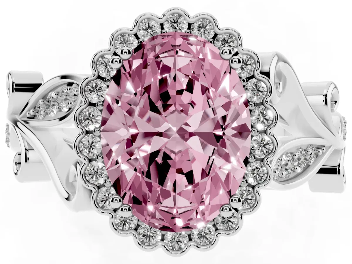 Fancy Pink Oval Cut Diamond Halo Ring with Vintage Split Shank and Four-Prong Setting Silver
