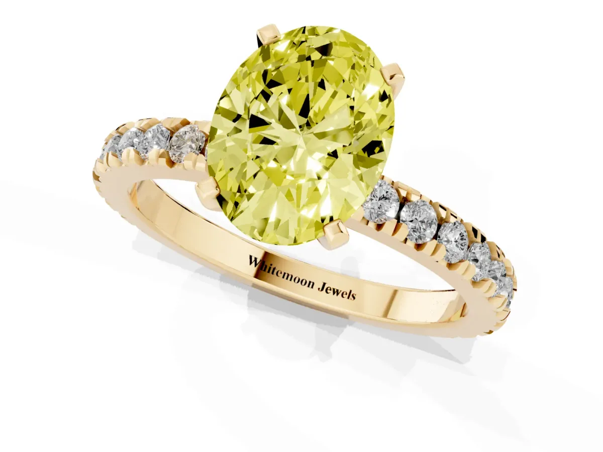 Fancy Yellow Oval Cut Diamond Pavé Band Solitaire with Four-Prong Setting Yellow gold