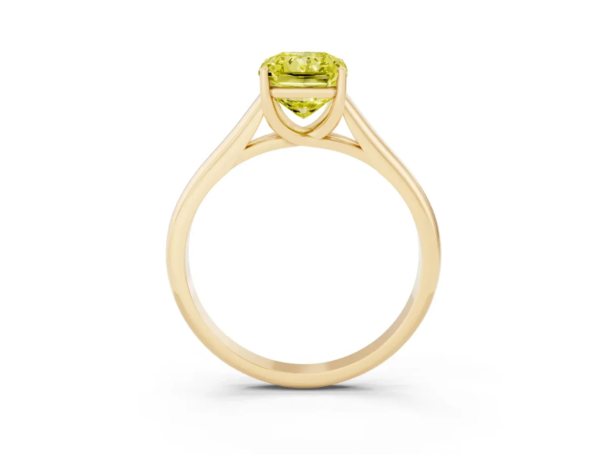 Fancy Yellow Radiant Cut Solitaire Engagement Ring with Tapered Band and Four-Prong Setting Yellow gold