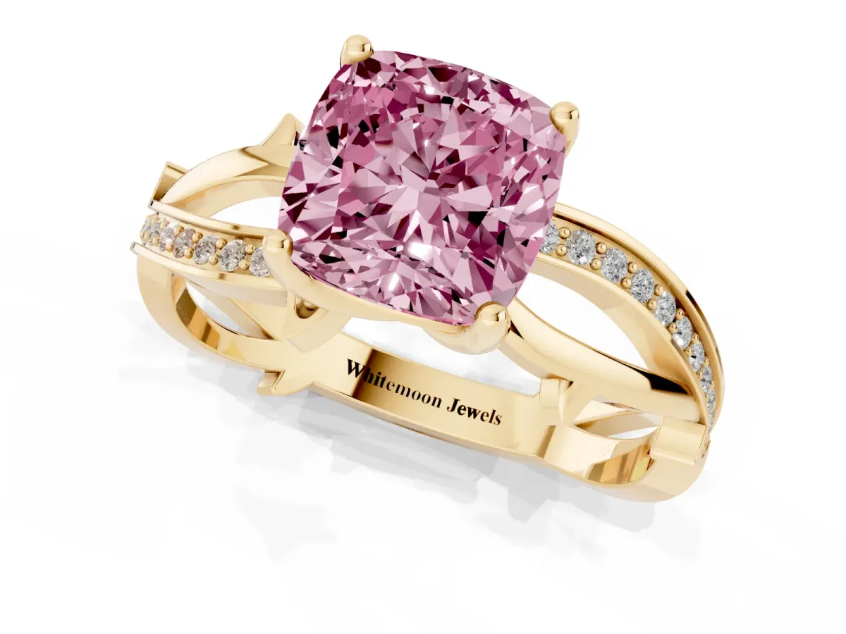 Fancy Pink Cushion Cut Solitaire Twist Band with Pavé Accents and Four-Prong Setting Yellow gold