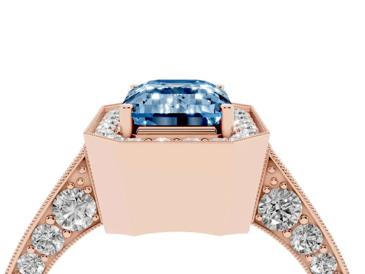 Fancy Blue Emerald Cut Halo Diamond Engagement Ring with Split Shank Band and Four-Prong Setting Rose gold