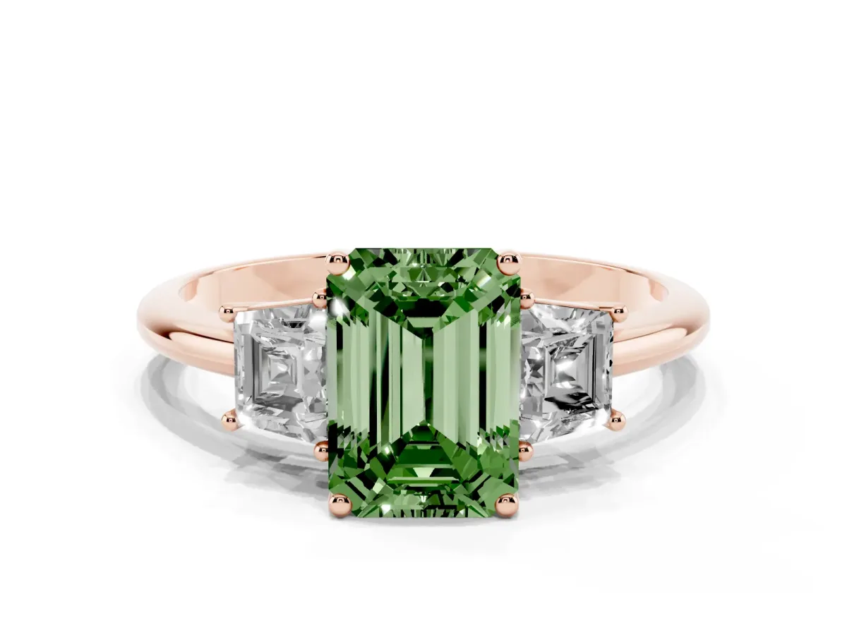 Fancy Green Emerald Cut Diamond Three-Stone Ring with Trapezoid Side Stones and Prong Setting Rose gold