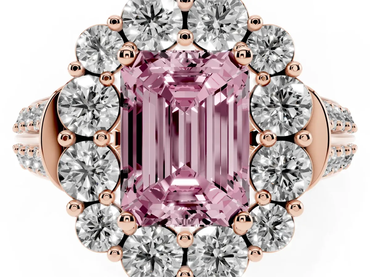 Fancy Pink Emerald Cut Halo Diamond Engagement Ring with Split Shank and Prong Setting Rose gold