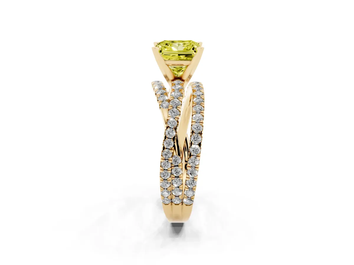Fancy Yellow Princess Cut Solitaire Twist Band with Pavé Setting and Four-Prong Setting Yellow gold