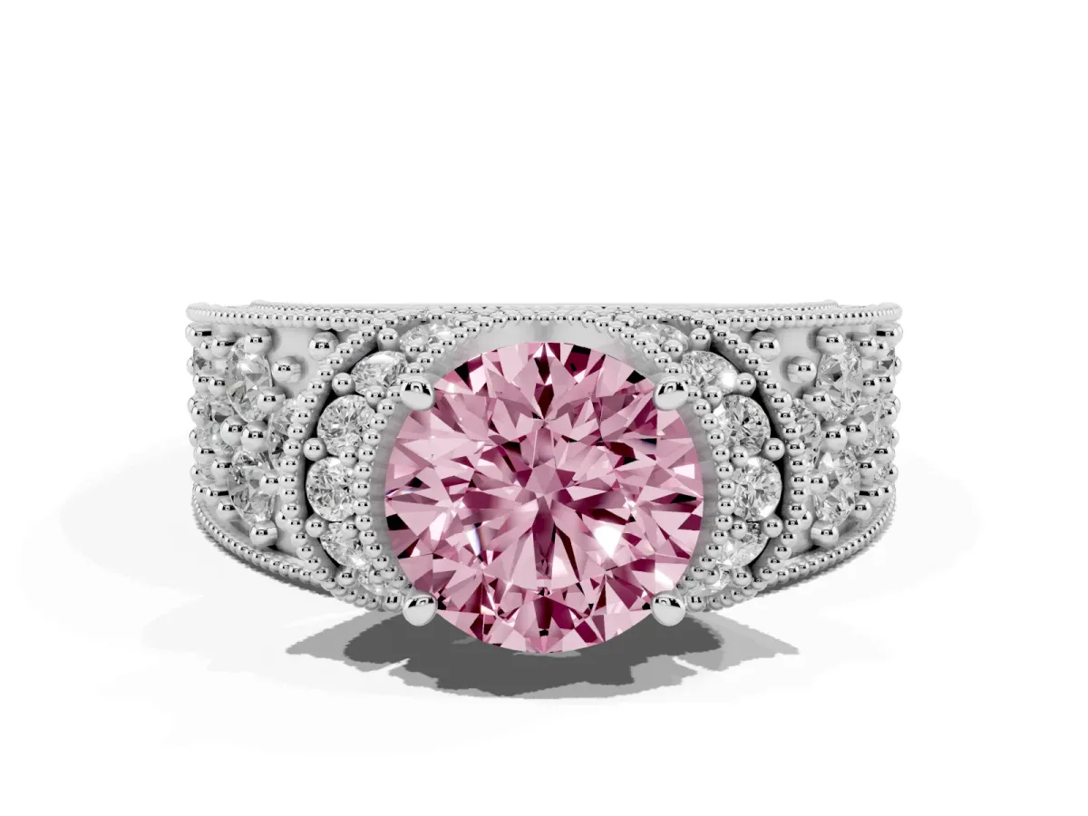 Fancy Pink Round Cut Halo Pave Diamond Engagement Ring with Milgrain Detailing Silver