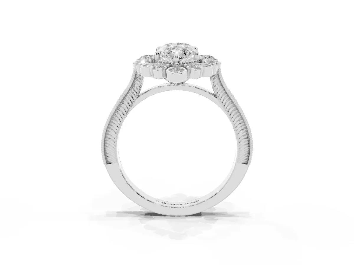 Marquise Cut Halo Milgrain Pave Diamond Ring with Four-Prong Setting Silver