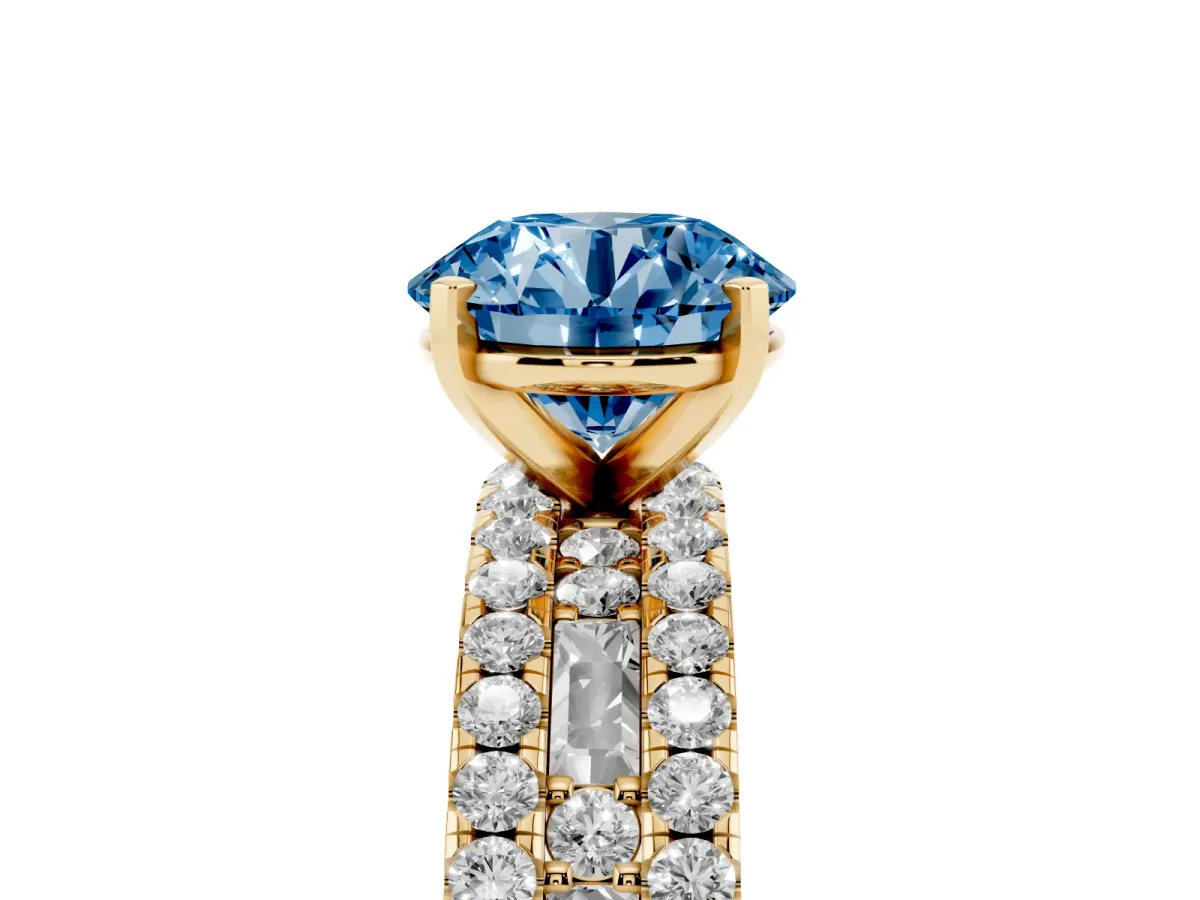 Fancy Blue Round Cut Diamond Solitaire Ring with Pavé and Channel Set Band Yellow gold