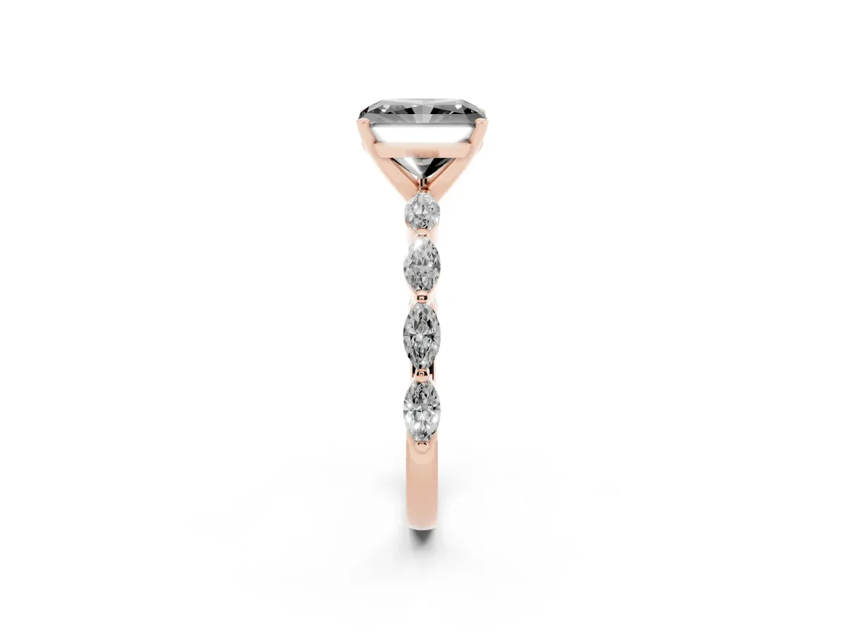 Fancy Black Radiant Cut Diamond Ring with Marquise Side Stones and Prong Setting Rose gold