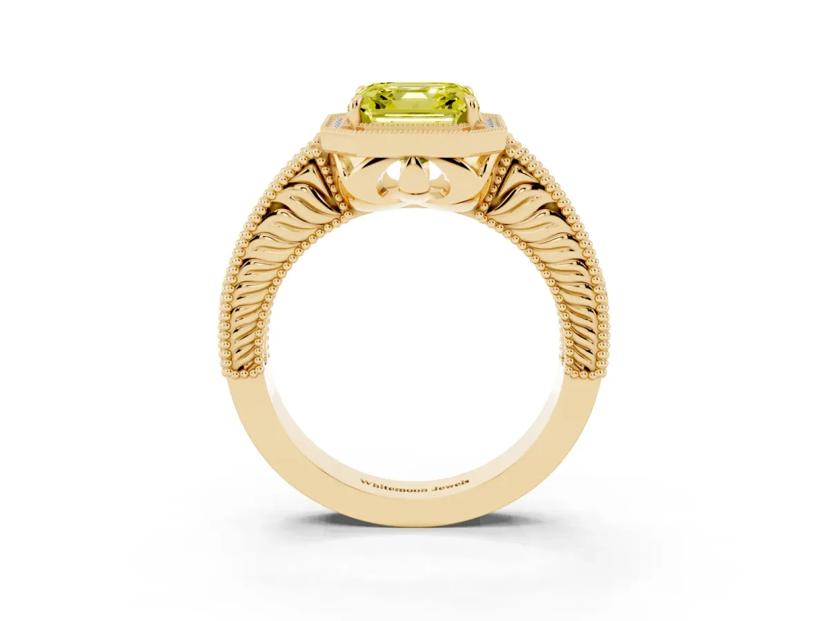 Fancy Yellow Asscher Cut Cut Halo Diamond Ring with Pavé Band and Four-Prong Setting Yellow gold
