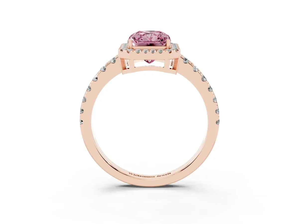 Fancy Pink Radiant Cut Diamond Halo Ring with Pavé Band and Four-Prong Setting Rose gold