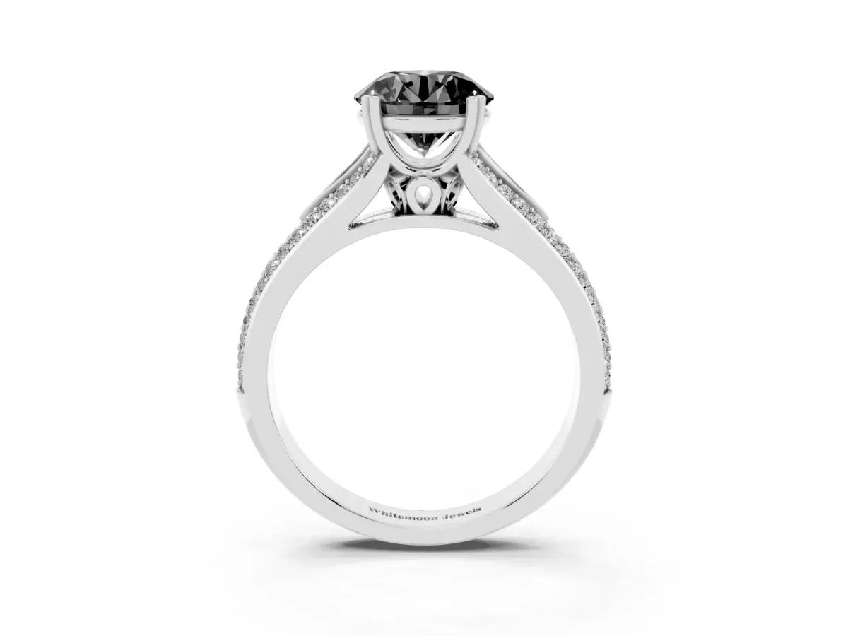 Fancy Black Round Cut Diamond Split Shank Engagement Ring with Pavé Band Silver