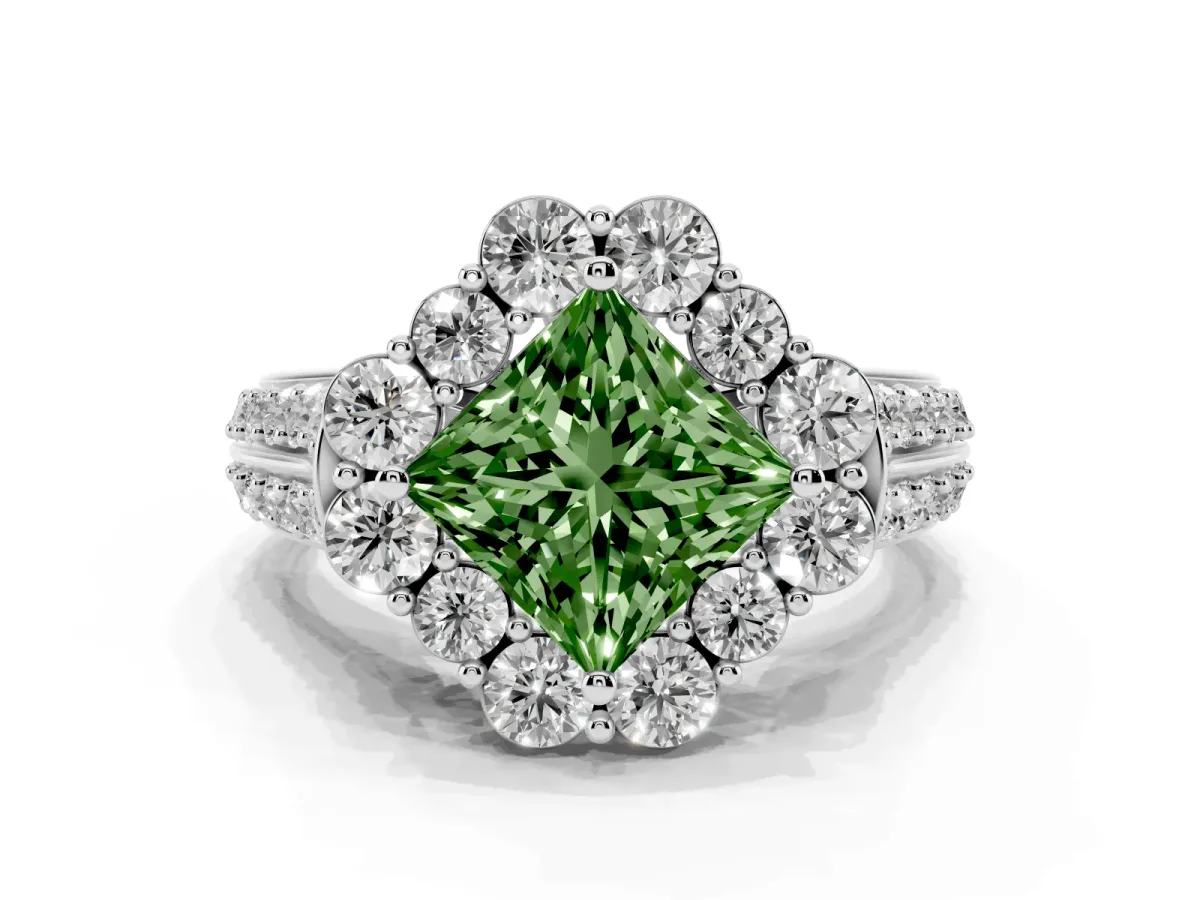 Fancy Green Princess Cut Halo Diamond Engagement Ring with Split Shank and Prong Setting Silver