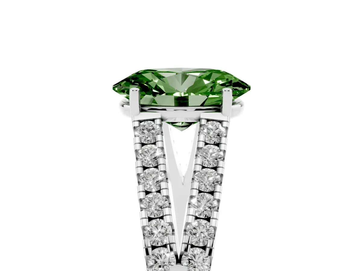 Fancy Green Oval Cut Diamond Split Shank Pavé Engagement Ring with Four-Prong Setting White gold