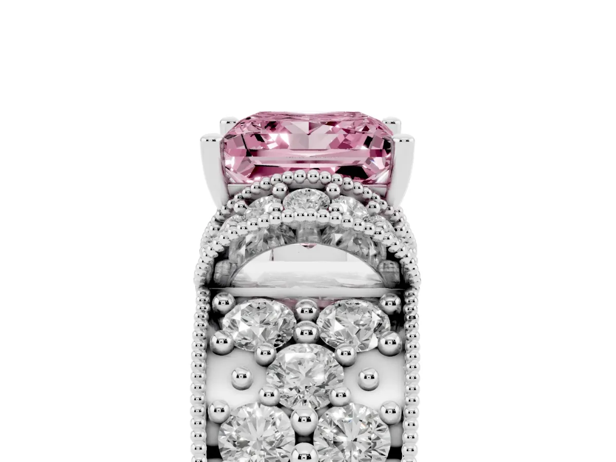 Fancy Pink Princess Cut Halo Pave Diamond Engagement Ring with Milgrain Detailing Silver
