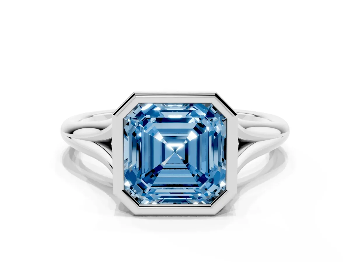 Fancy Blue Bezel Set Asscher Cut Cut Solitaire Ring with Tapered Band Silver