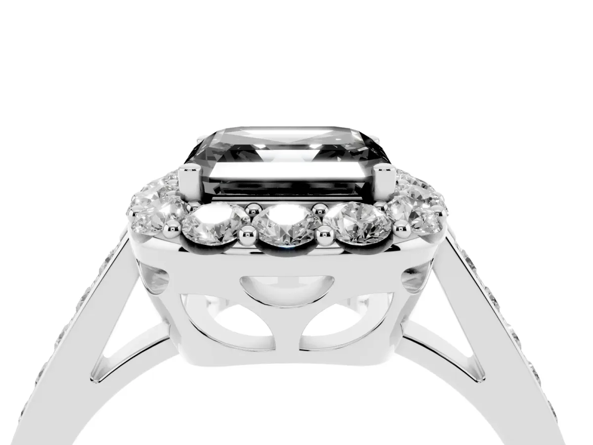 Fancy Black Asscher Cut Diamond Floral Halo Ring with Pavé Band and Prong Setting Platinum