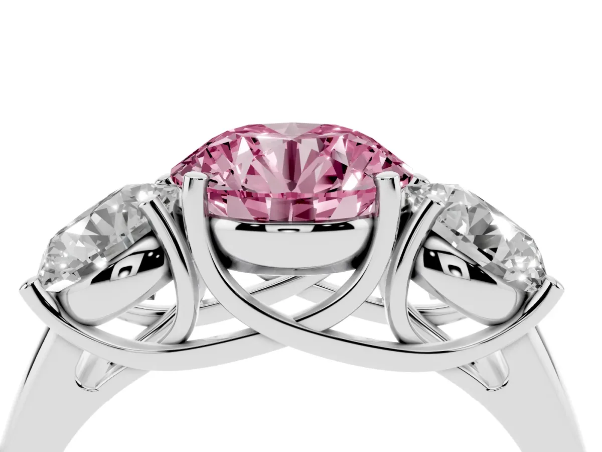Fancy Pink Three-Stone Round Cut Diamond Engagement Ring with Prong Setting Silver