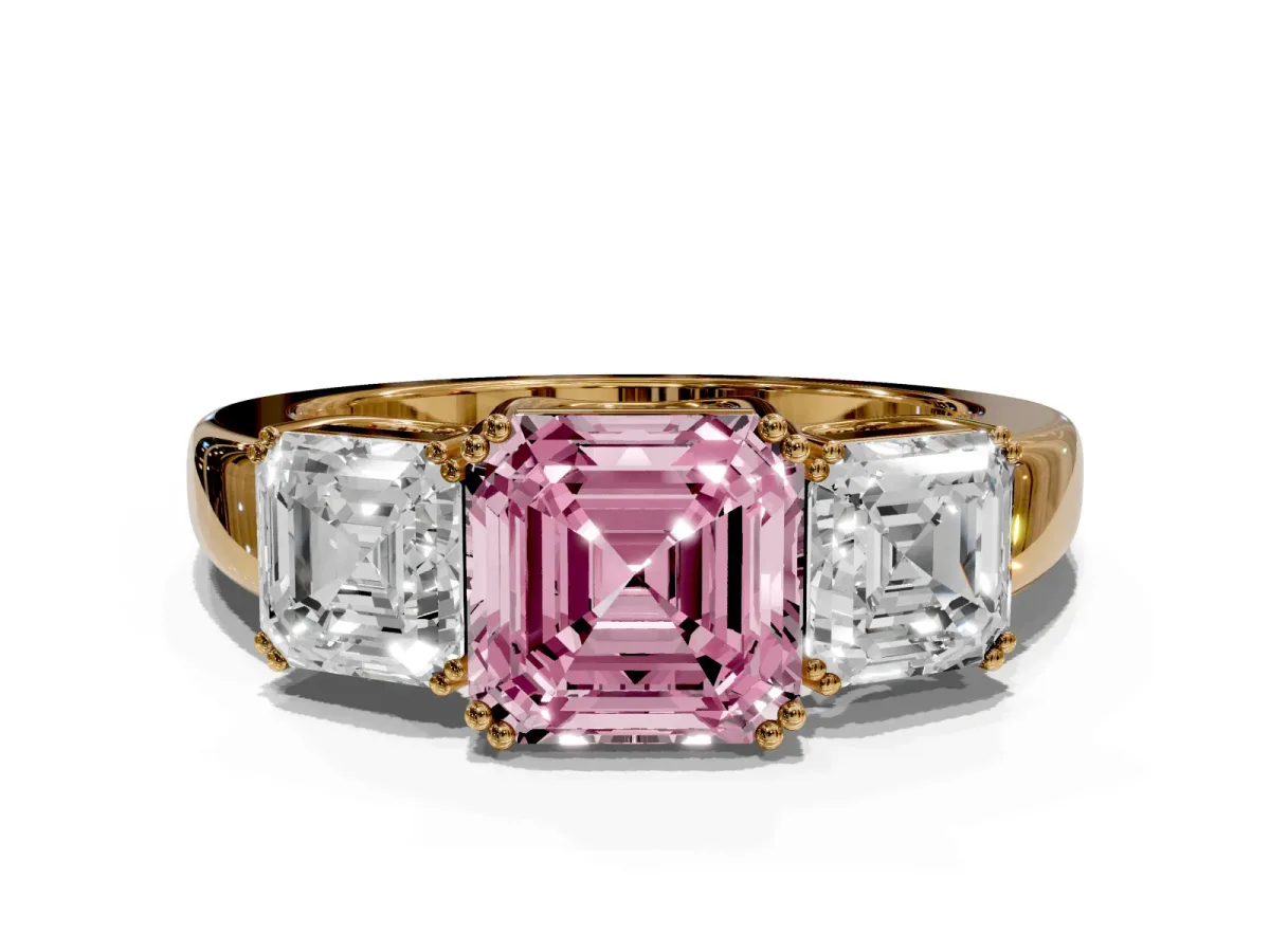 Fancy Pink Three-Stone Asscher Cut Cut Diamond Ring with Channel Set Band and Four-Prong Setting Yellow gold