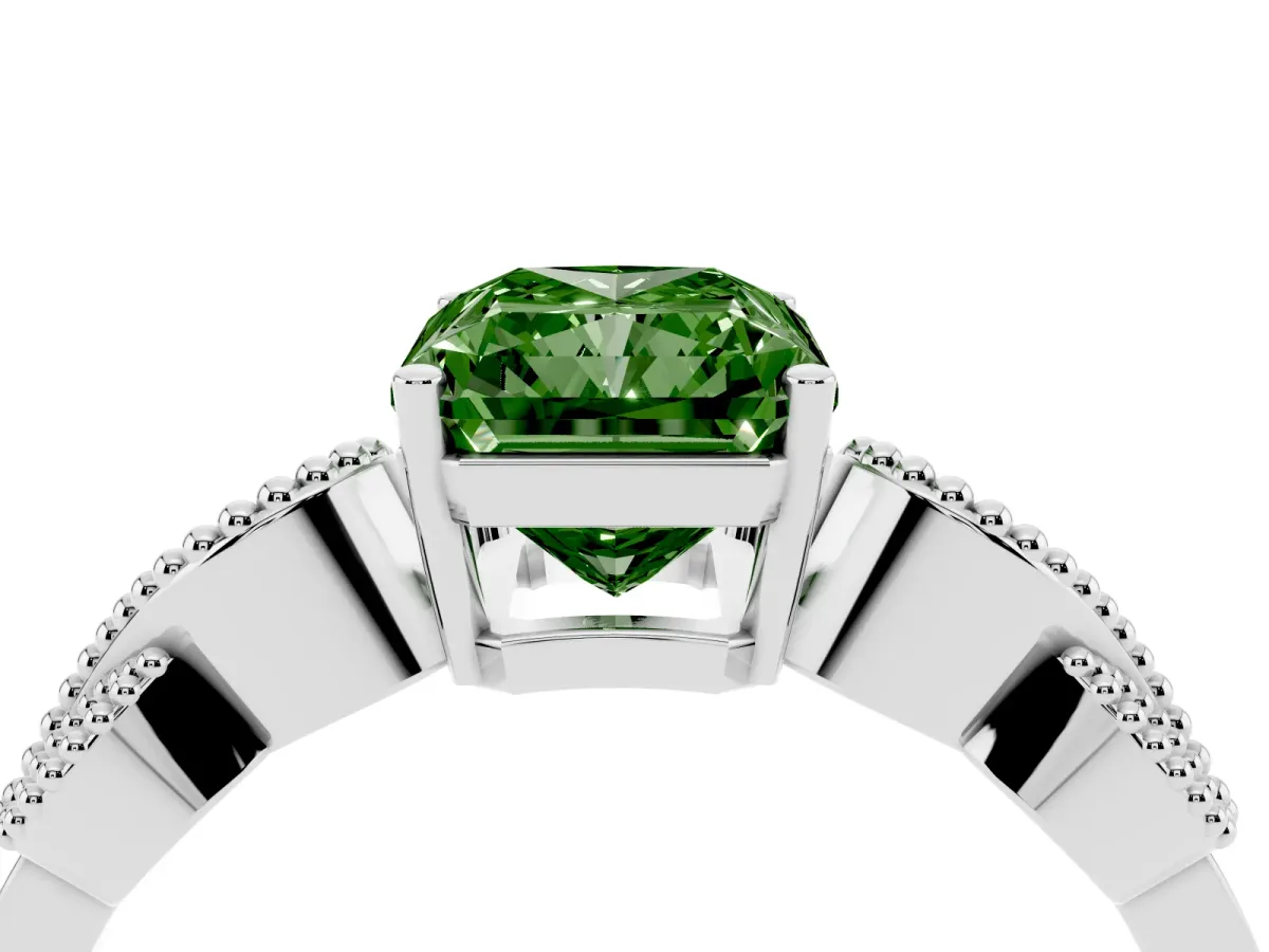 Fancy Green Radiant Cut Solitaire Milgrain Leaf Band with Prong Setting Silver