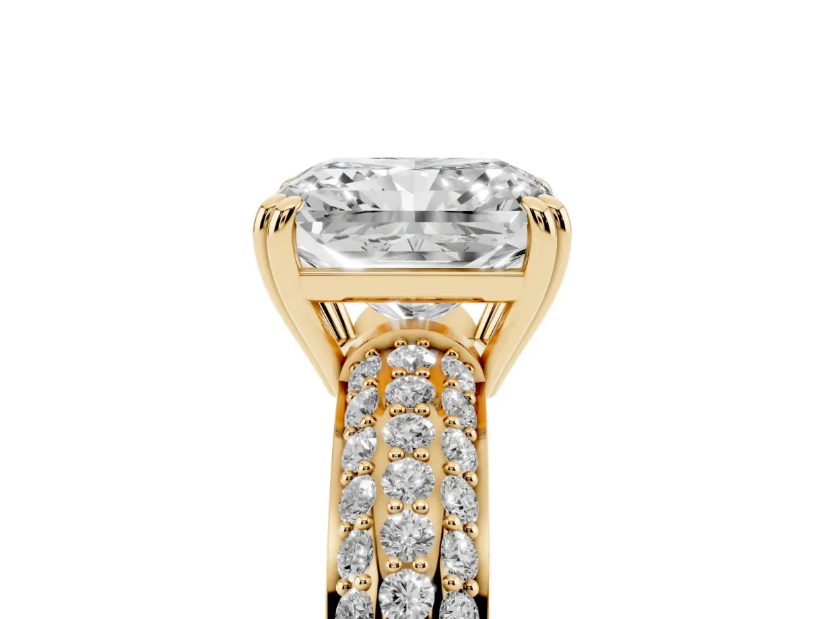 Radiant Cut Diamond Solitaire Ring with Multi-Row Round Pavé Band and Prong Setting Yellow gold