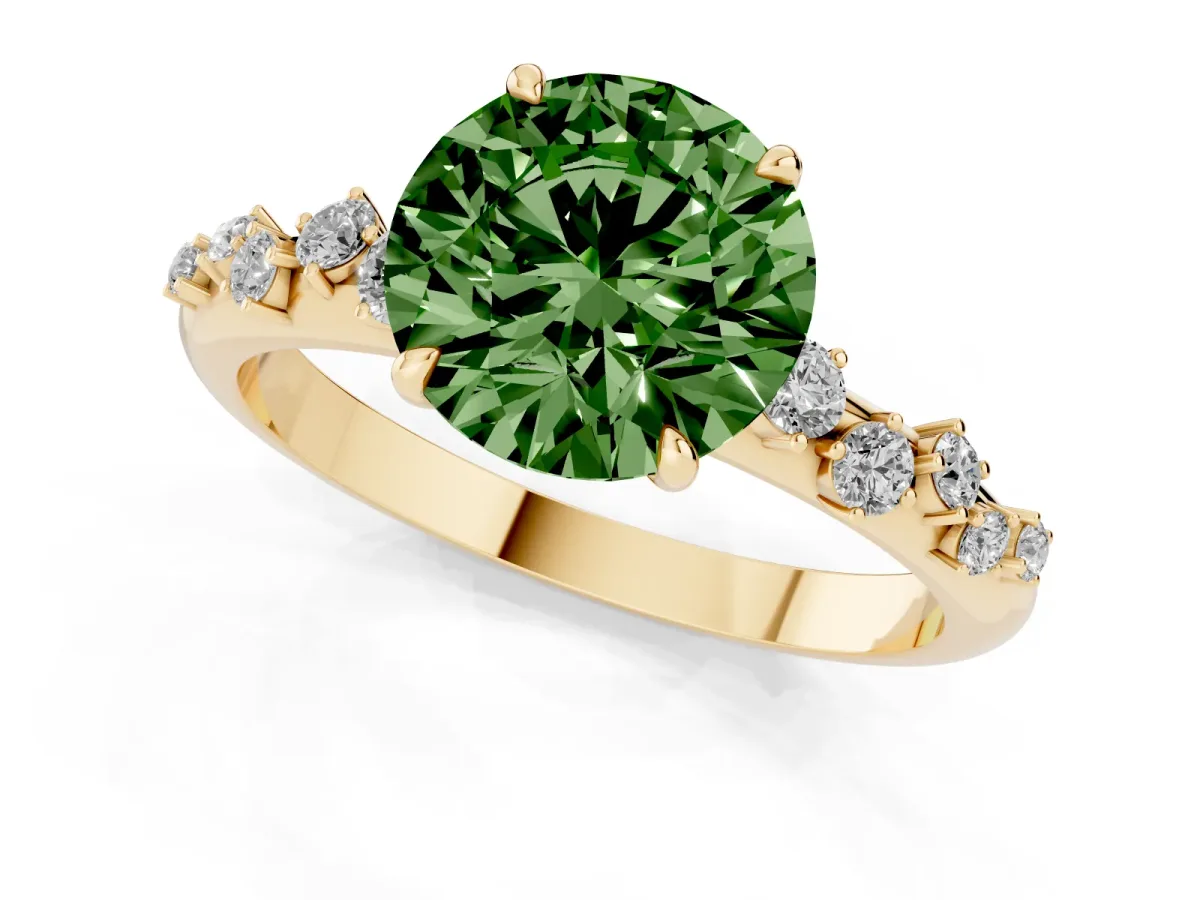 Fancy Green Round Cut Diamond Cluster Prong-Set Solitaire Ring Yellow gold