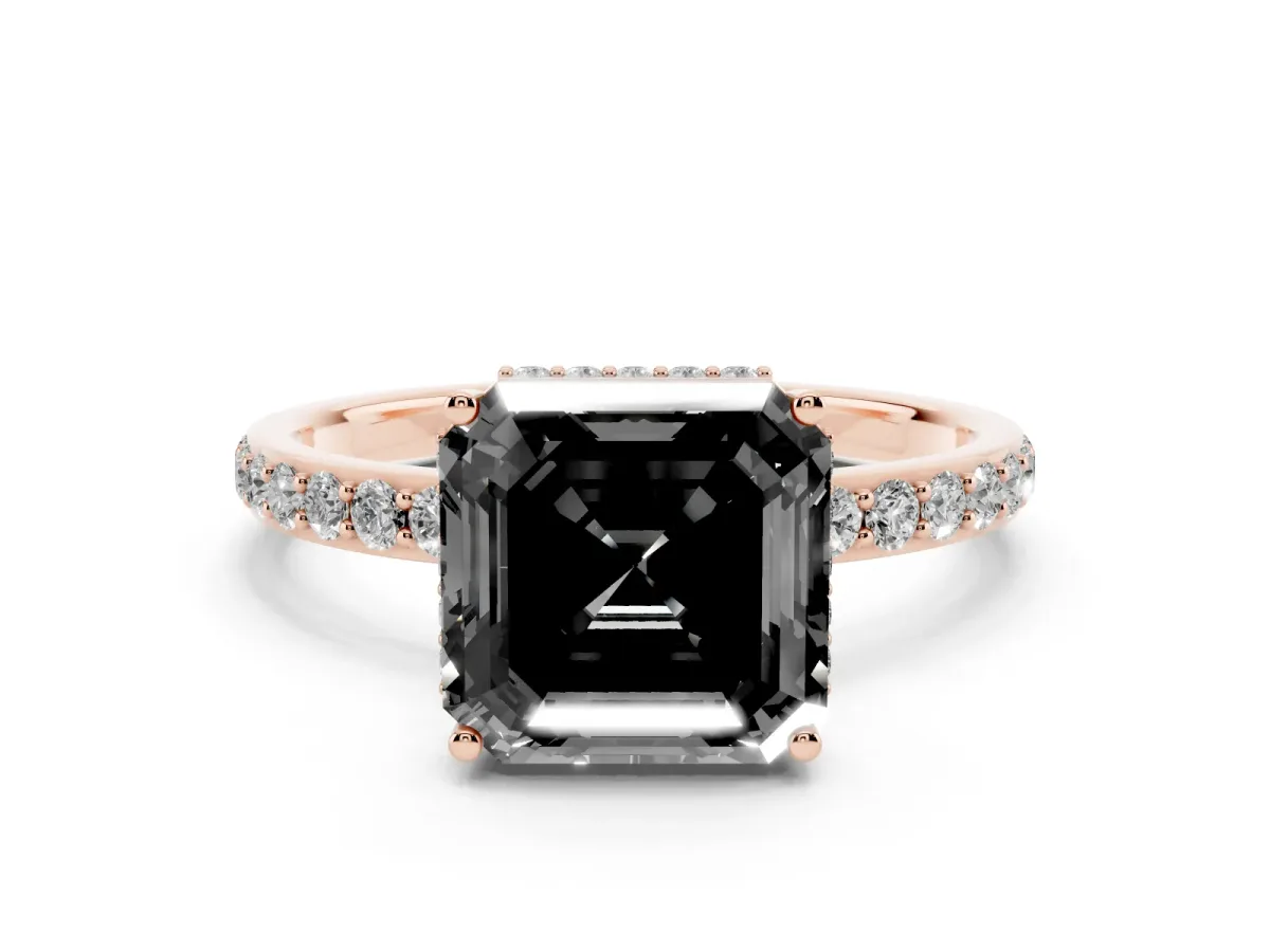Fancy Black Asscher Cut Diamond Solitaire Ring with Pavé Band and Hidden Halo Rose gold