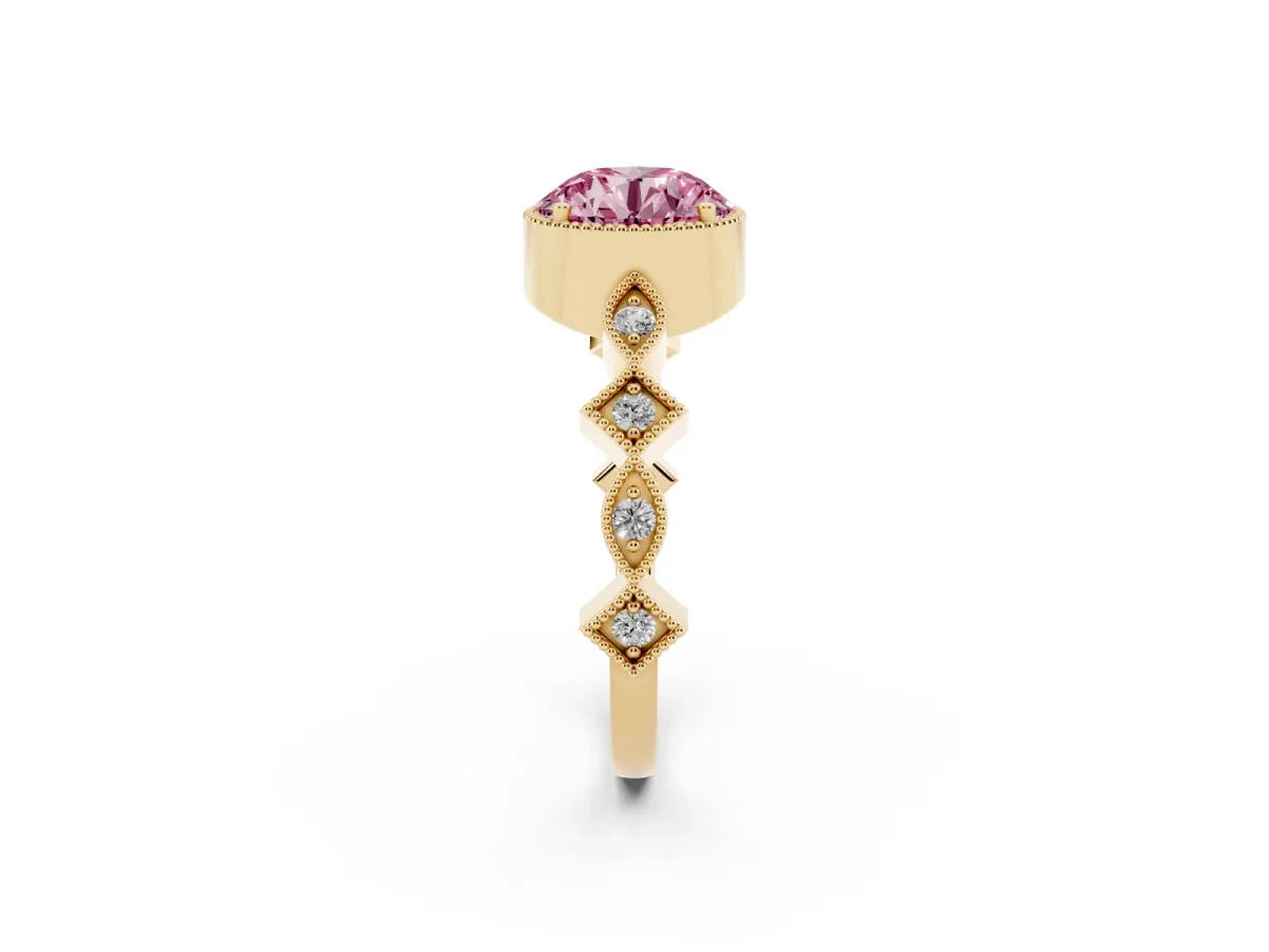 Fancy Pink Round Cut Milgrain Marquise Diamond Twist Band Ring Yellow gold