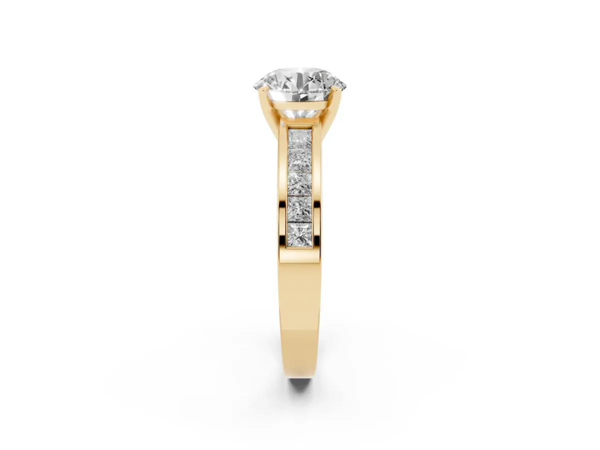 Round Cut Solitaire Diamond Ring with Channel-Set Band and Four-Prong Setting Yellow gold