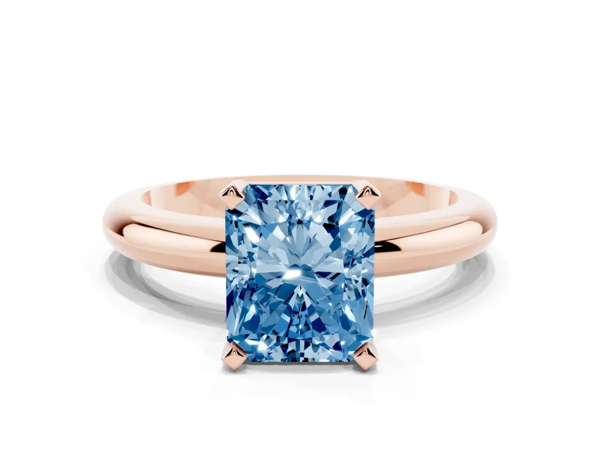 Fancy Blue Radiant Cut Diamond Solitaire Engagement Ring with Round Band and Four-Prong Setting Rose gold