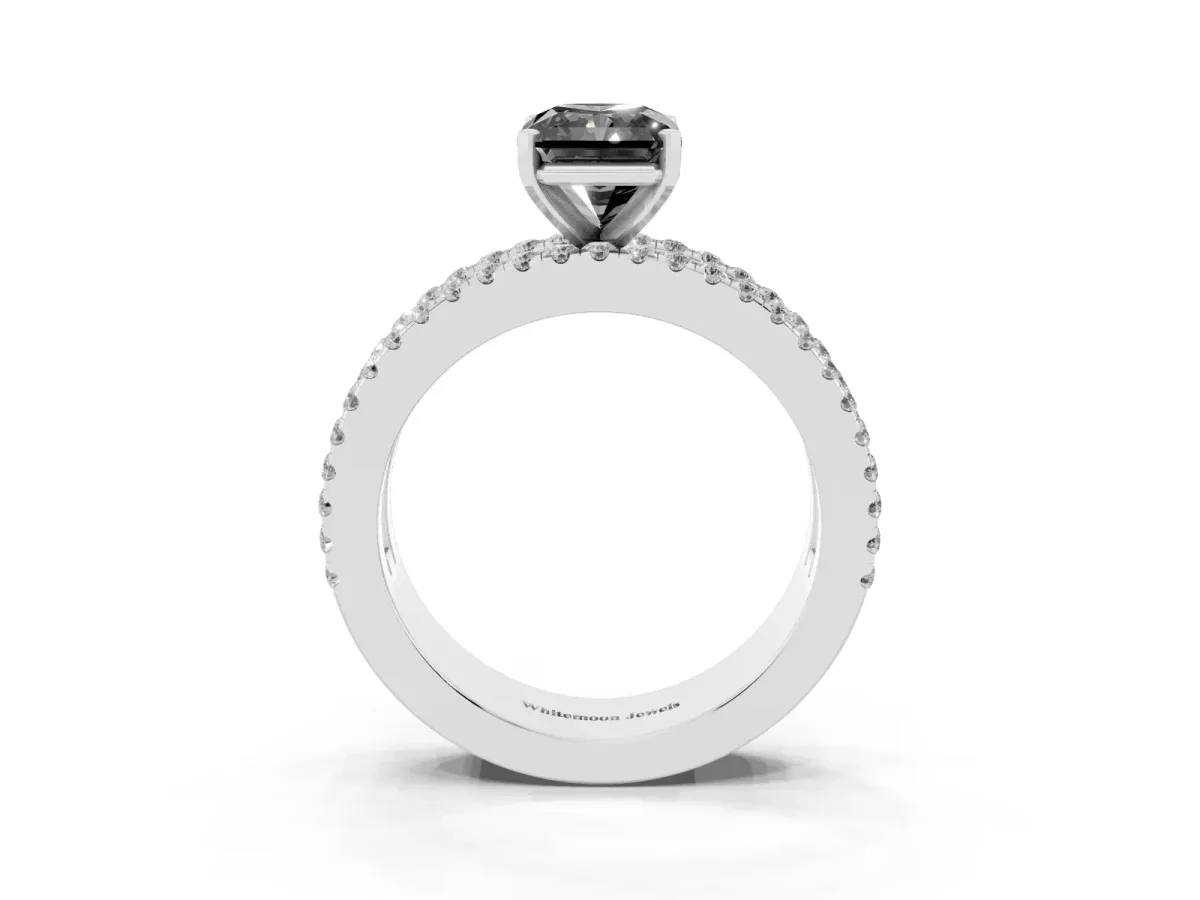 Fancy Black Radiant Cut Diamond Solitaire Ring with Pavé and Channel Set Band Silver