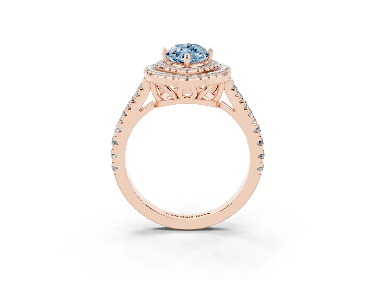 Fancy Blue Marquise Cut Diamond Double Halo Ring with Pavé Band and Prong Setting Rose gold