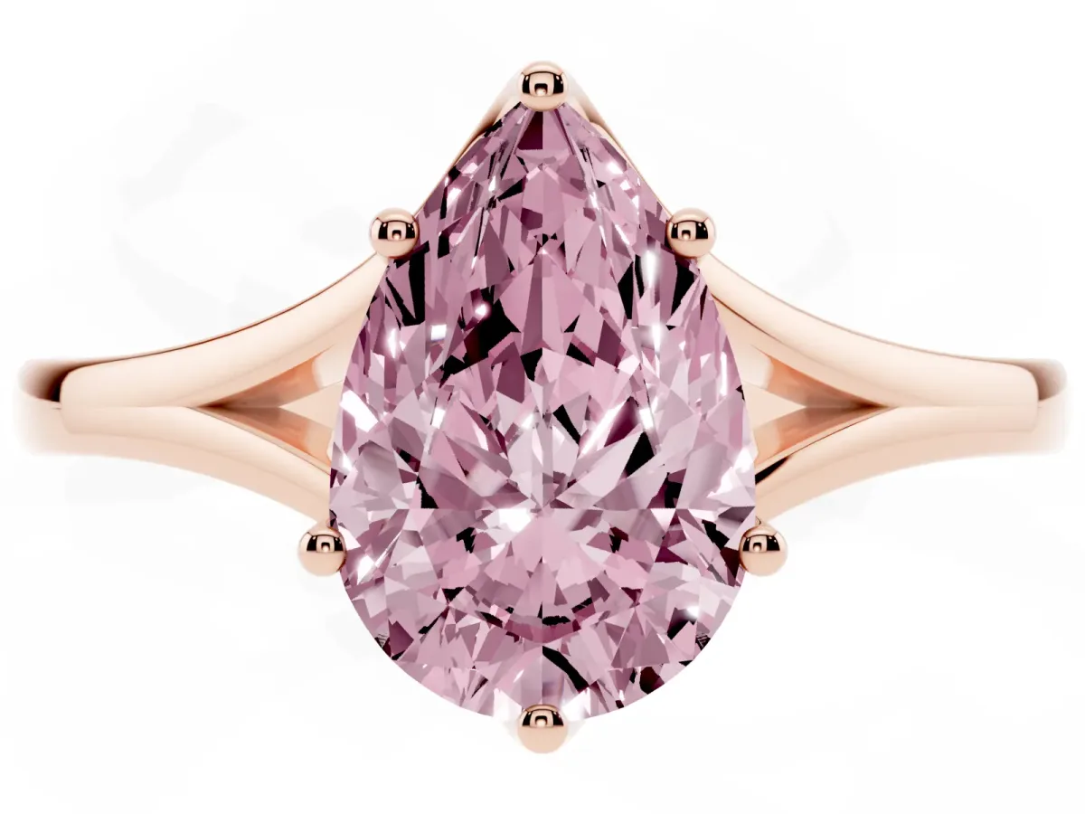 Fancy Pink Pear Cut Solitaire Diamond Ring with Six-Prong Setting and Tapered Band Rose gold
