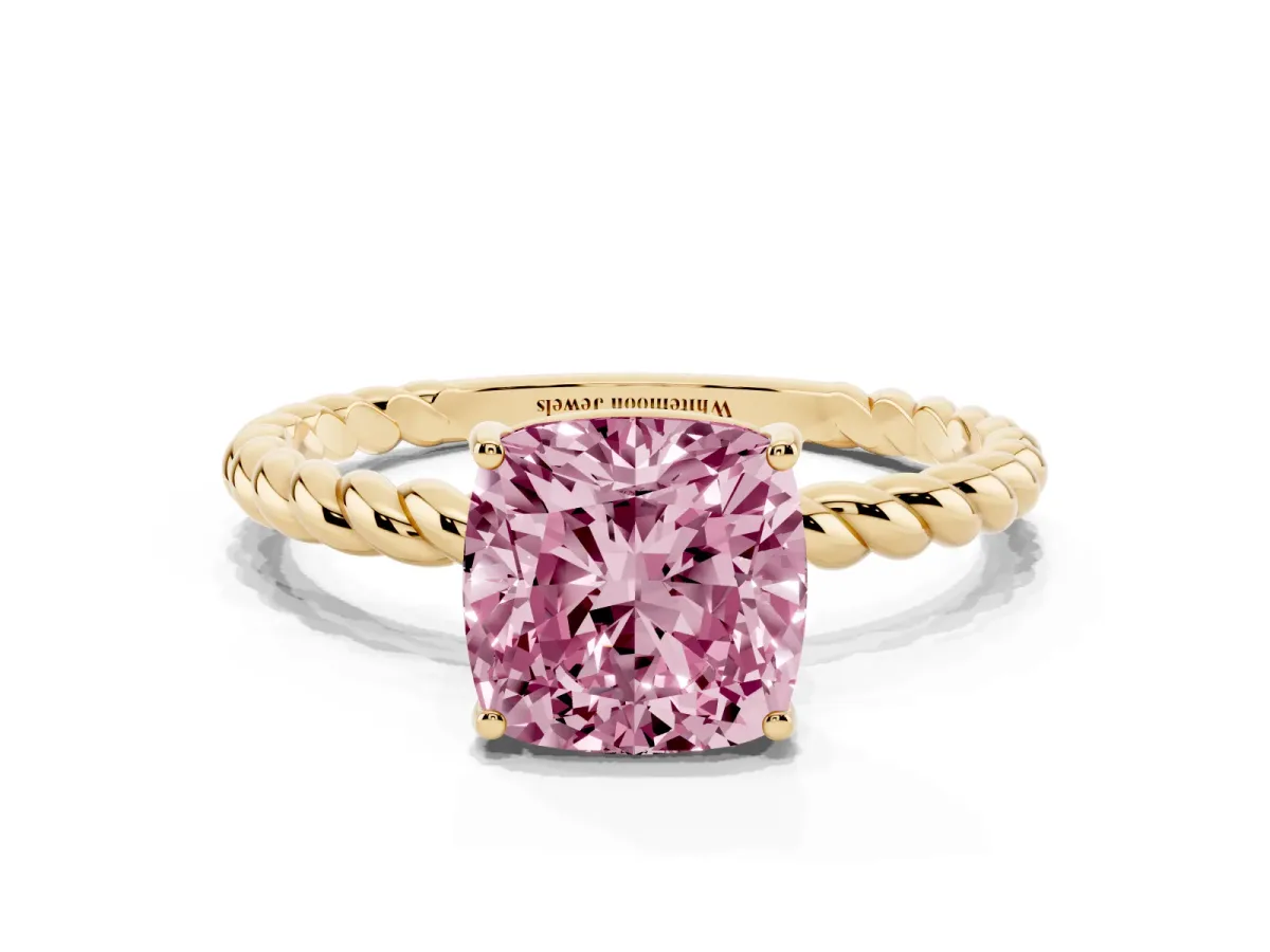 Fancy Pink Cushion Cut Solitaire Twist Band Ring with Four-Prong Setting Yellow gold