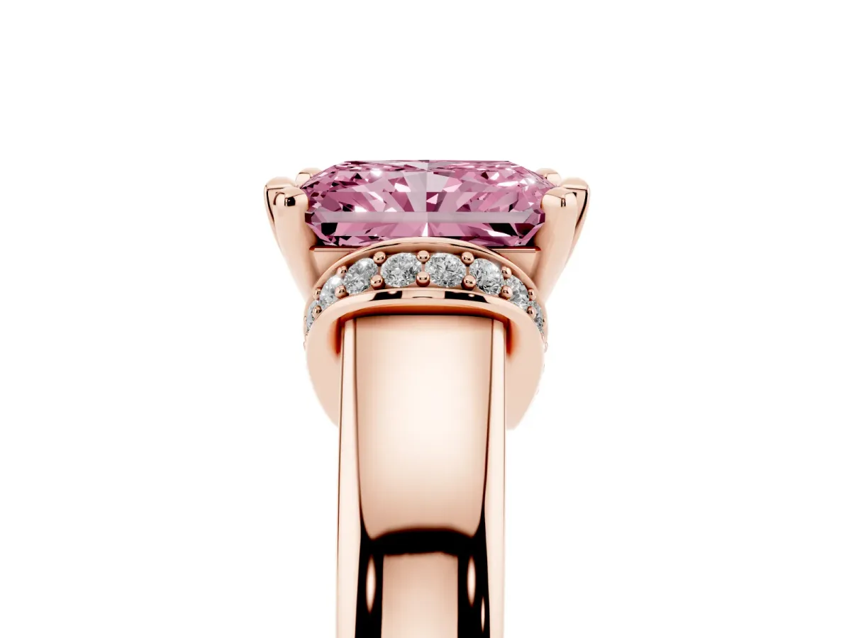 Fancy Pink Radiant Cut Solitaire Diamond Ring with Pave Band and Six-Prong Setting Rose gold