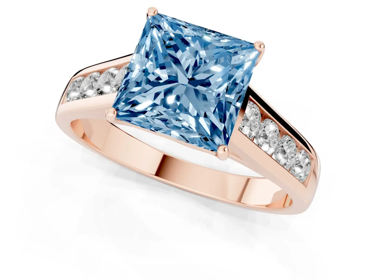 Fancy Blue Princess Cut Solitaire Channel-Set Diamond Engagement Ring with Four-Prong Setting Rose gold