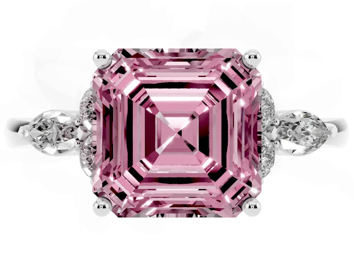 Fancy Pink Asscher Cut Brilliant Diamond Solitaire Ring with Pear Side Stones and Four-Prong Setting Platinum