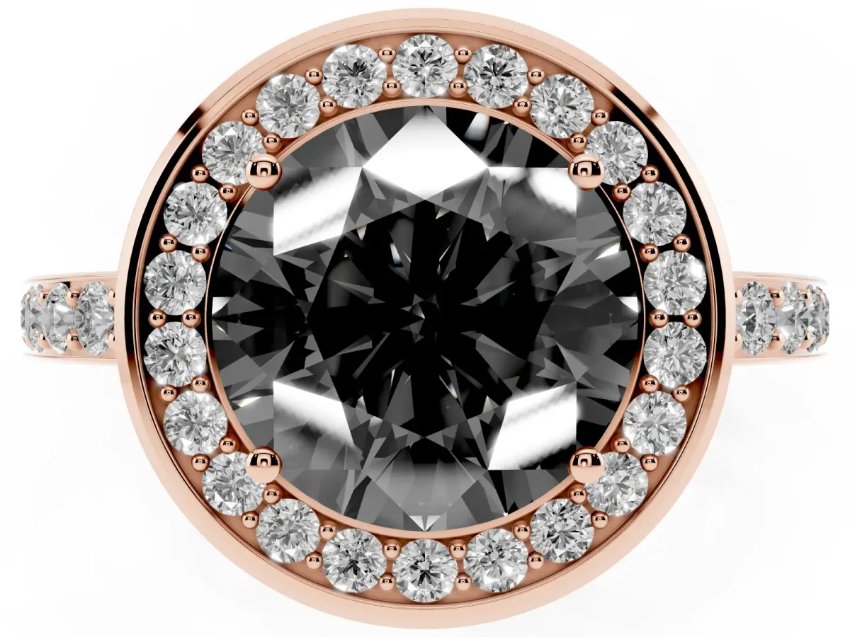 Fancy Black Round Cut Diamond Halo Ring with Bezel Frame and Pavé Band Rose gold