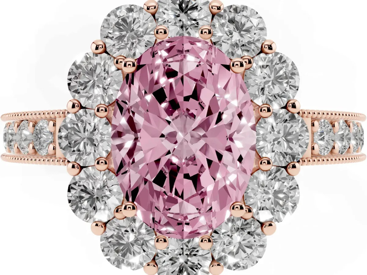 Fancy Pink Oval Cut Cut Halo Diamond Pavé Engagement Ring with Milgrain Detailing Rose gold