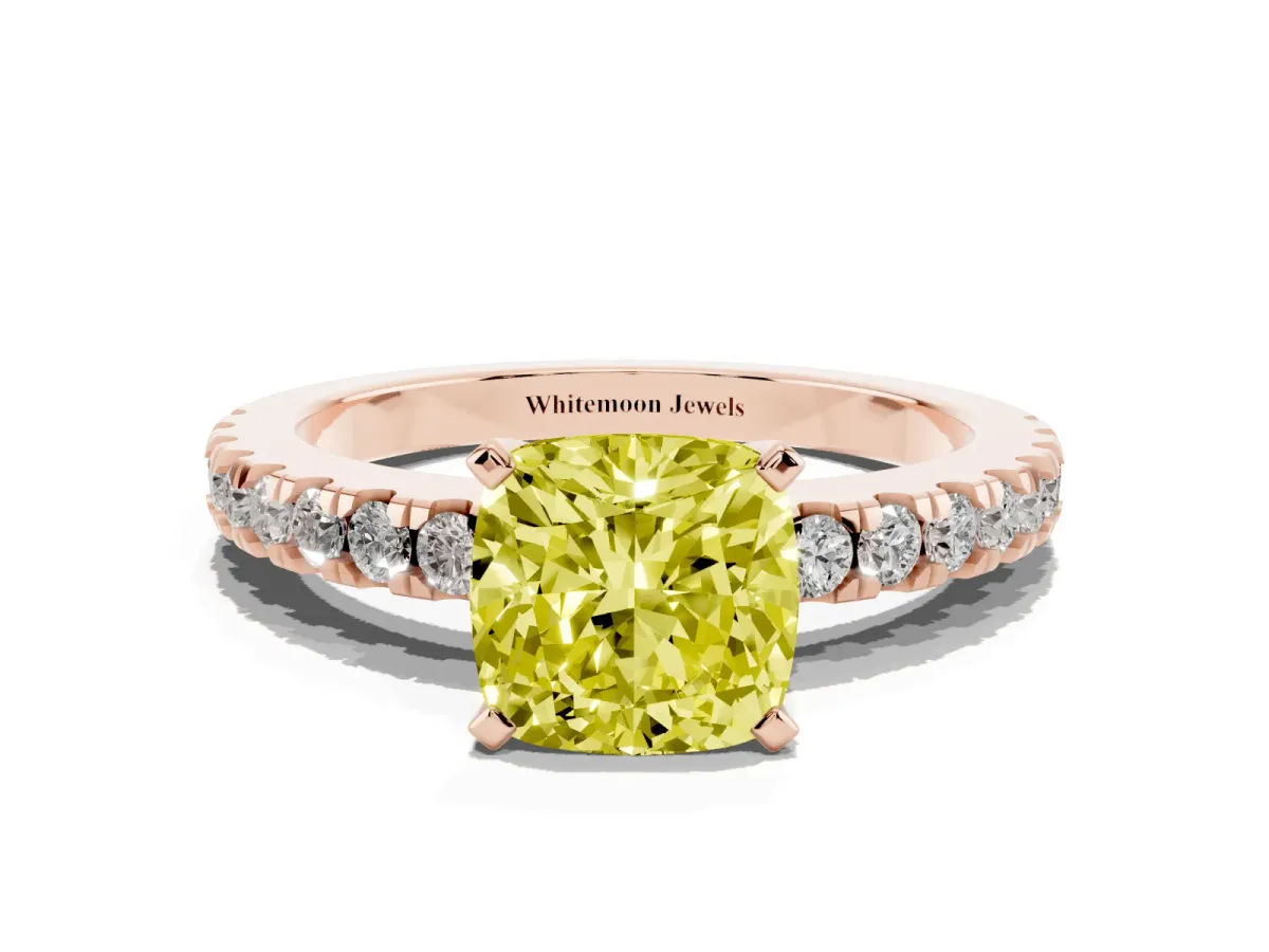 Fancy Yellow Cushion Cut Solitaire Diamond with Pavé Band and Four-Prong Setting Rose gold