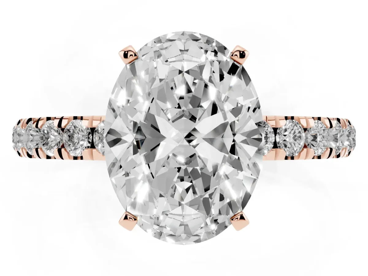 Oval Cut Diamond Solitaire Ring with Pavé Accents and Four-Prong Setting Rose gold