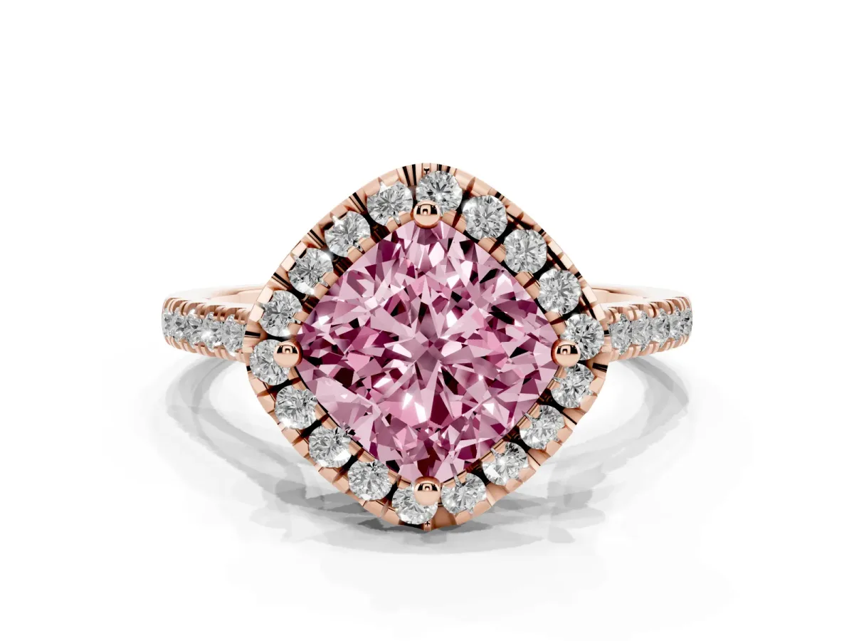 Fancy Pink Cushion Cut Diamond Cushion Halo Ring with Pavé Band Rose gold