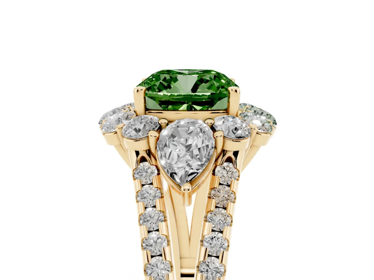Fancy Green Cushion Cut Halo Split Shank Diamond Engagement Ring with Prong Setting Yellow gold