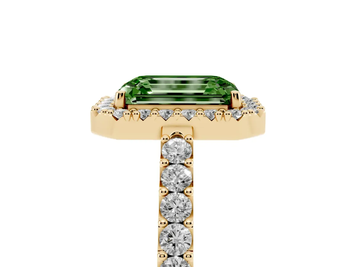 Fancy Green Emerald Cut Halo Diamond Pavé Solitaire Ring Yellow gold