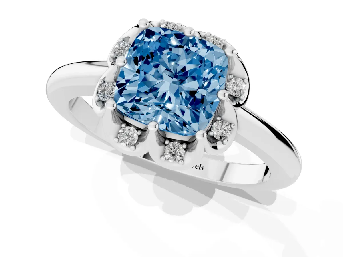 Fancy Blue Cushion Cut Halo Diamond Ring with Round Cluster Setting, Solitaire Band, and Four-Prong Setting White gold