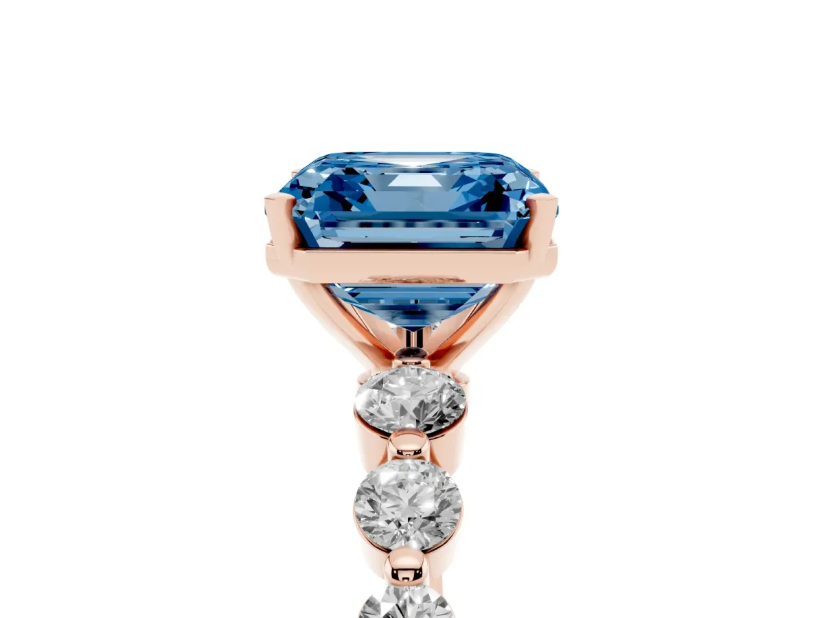 Fancy Blue Asscher Cut Solitaire Diamond Ring with Pave Band and Four-Prong Setting Rose gold