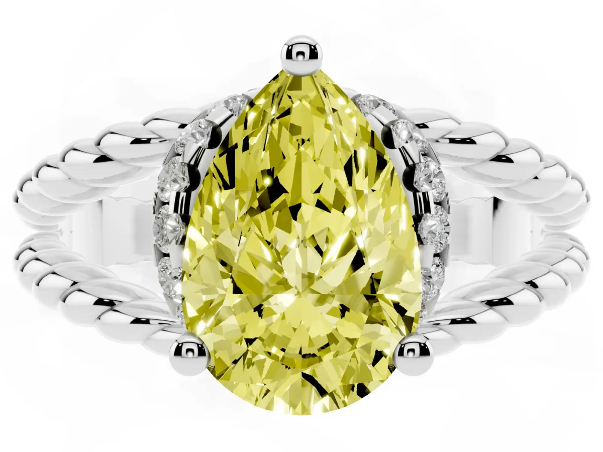 Fancy Yellow Pear Cut Halo Twisted Band Four-Prong Ring Silver