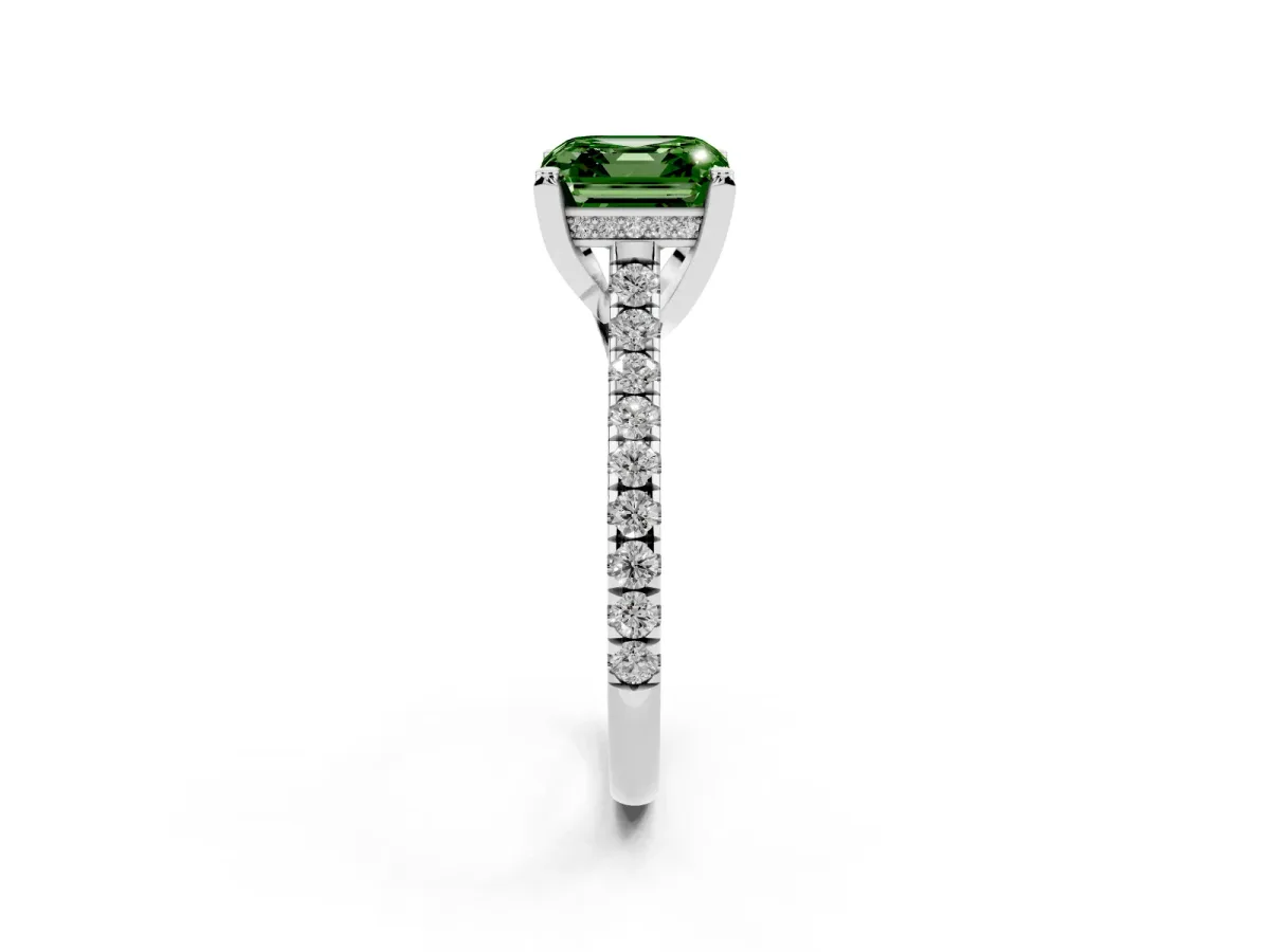 Fancy Green Asscher Cut Brilliant Diamond Solitaire with Pavé Band and Four-Prong Setting Silver