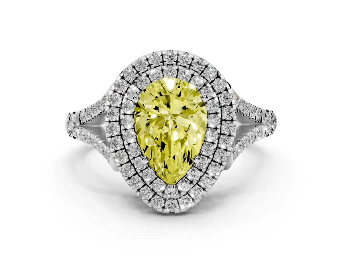 Fancy Yellow Pear Cut Diamond Pavé Split Shank Double Halo Engagement Ring Silver