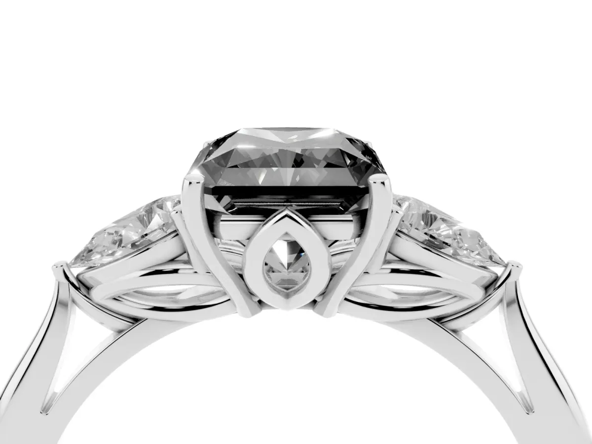 Fancy Black Radiant Cut Diamond Three-Stone Ring with Pear Side Stones and Prong Setting Platinum