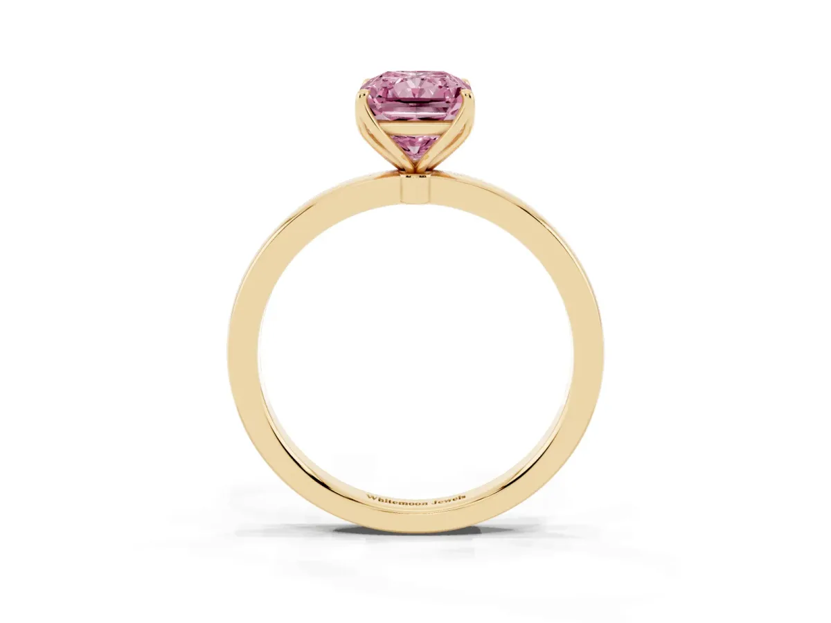 Fancy Pink Radiant Cut Diamond Solitaire Ring with Thin Band and Prong Setting Yellow gold